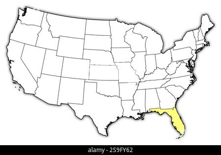 Mappa degli Stati Uniti con le province, Florida è evidenziata in giallo. Illustrazione Vettoriale