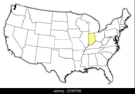 Mappa degli Stati Uniti con le province, Indiana è evidenziata in giallo. Illustrazione Vettoriale