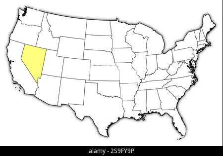 Mappa degli Stati Uniti con le province, Nevada è evidenziata in giallo. Illustrazione Vettoriale