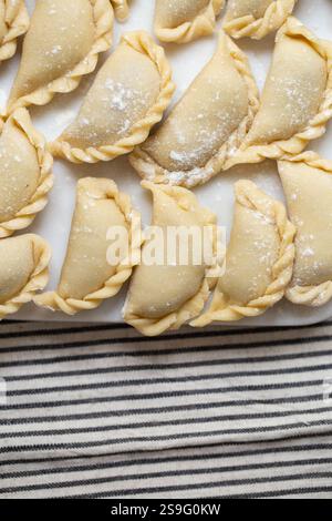 Gnocchi freschi fatti in casa preparati su una tavola di marmo, che mostra la tradizionale artigianalità artigianale. Impasto crudo ripieno di ingredienti salati, pronto per Foto Stock