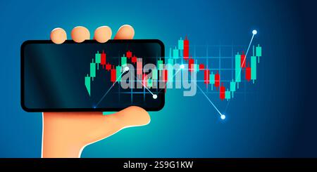 Tenere lo smartphone con l'analisi finanziaria. Concetto di trading azionario mobile. Grafico Candlestick sullo schermo dello smartphone. Illustrazione vettoriale. Illustrazione Vettoriale