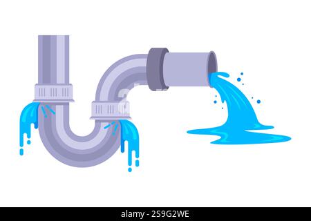 l'acqua fuoriesce da un tubo metallico. flusso di rifiuti da un tubo Illustrazione Vettoriale