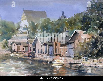 Cattedrale che sorge sopra gli iconici edifici del XVIII secolo nella città vecchia di Porvoo - Finlandia colorata pittura ad acquerello Foto Stock