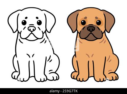 Simpatico Mastiff dei cartoni animati o cucciolo di Bulldog. Disegno a colori e disegni a linee in bianco e nero per la colorazione. Illustrazione grafica clip vettoriale. Adorabile piccolo cane con Illustrazione Vettoriale