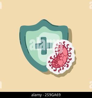Scudo di guardia attaccato da virus, germi e batteri. Sistema immunitario e concetto di protezione da virus. Immunità igiene prevenzione medica Illustrazione Vettoriale