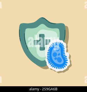 Scudo di guardia attaccato da virus, germi e batteri. Sistema immunitario e concetto di protezione da virus. Immunità igiene prevenzione medica Illustrazione Vettoriale