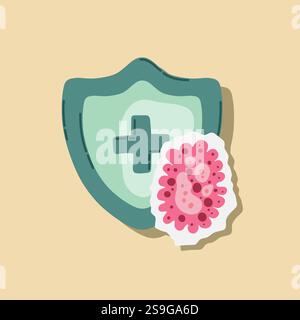 Scudo di guardia attaccato da virus, germi e batteri. Sistema immunitario e concetto di protezione da virus. Immunità igiene prevenzione medica Illustrazione Vettoriale