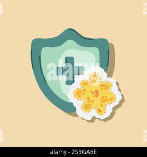 Scudo di guardia attaccato da virus, germi e batteri. Sistema immunitario e concetto di protezione da virus. Immunità igiene prevenzione medica Illustrazione Vettoriale