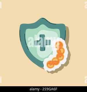 Scudo di guardia attaccato da virus, germi e batteri. Sistema immunitario e concetto di protezione da virus. Immunità igiene prevenzione medica Illustrazione Vettoriale