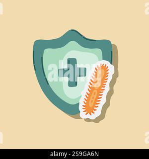 Scudo di guardia attaccato da virus, germi e batteri. Sistema immunitario e concetto di protezione da virus. Immunità igiene prevenzione medica Illustrazione Vettoriale