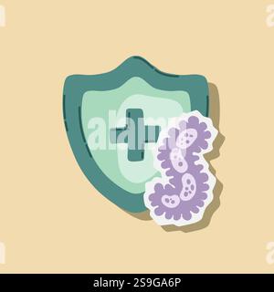 Scudo di guardia attaccato da virus, germi e batteri. Sistema immunitario e concetto di protezione da virus. Immunità igiene prevenzione medica Illustrazione Vettoriale