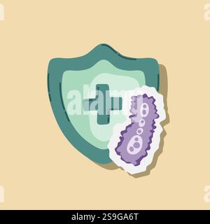 Scudo di guardia attaccato da virus, germi e batteri. Sistema immunitario e concetto di protezione da virus. Immunità igiene prevenzione medica Illustrazione Vettoriale