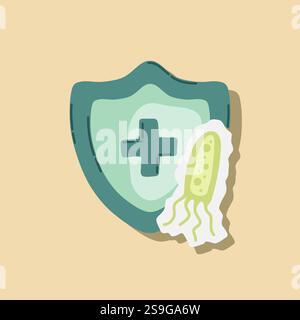Scudo di guardia attaccato da virus, germi e batteri. Sistema immunitario e concetto di protezione da virus. Immunità igiene prevenzione medica Illustrazione Vettoriale