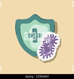 Scudo di guardia attaccato da virus, germi e batteri. Sistema immunitario e concetto di protezione da virus. Immunità igiene prevenzione medica Illustrazione Vettoriale