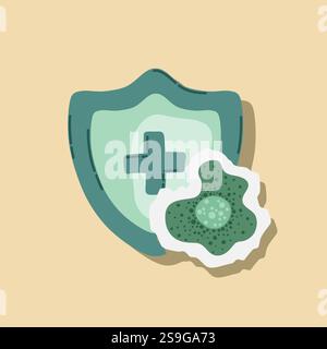 Scudo di guardia attaccato da virus, germi e batteri. Sistema immunitario e concetto di protezione da virus. Immunità igiene prevenzione medica Illustrazione Vettoriale