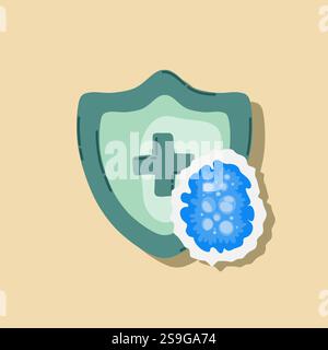 Scudo di guardia attaccato da virus, germi e batteri. Sistema immunitario e concetto di protezione da virus. Immunità igiene prevenzione medica Illustrazione Vettoriale