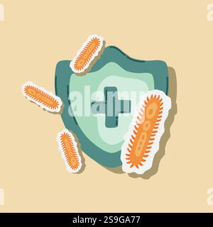Scudo di guardia attaccato da virus, germi e batteri. Sistema immunitario e concetto di protezione da virus. Immunità igiene prevenzione medica Illustrazione Vettoriale