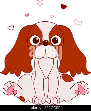 Composizione spaniel del re carlo Cavalier con cane e cuori rosa illustrazione di Holiday Vector con cane di razza mista in un unico colore, grafica grafica in linea art sty Illustrazione Vettoriale