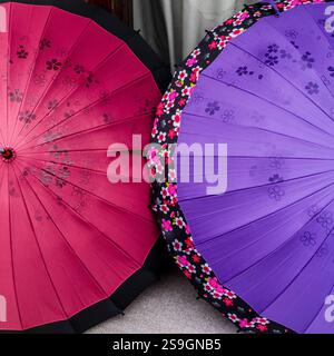 Simpatici e colorati ombrelli giapponesi che si asciugano dopo la pioggia a Kyoto Foto Stock