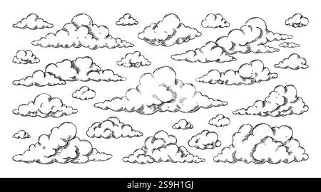 Schizzo del fumetto. Vintage disegna a mano elementi isolati dal cielo, arte retrò o pioggia naturale, vento. Tempesta nuvolosa di inchiostro per esterni, disegno a matita incisione, Illustrazione Vettoriale