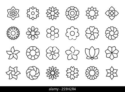 Icona del fiore della linea. Motivo rotondo con petali. Graziosa silhouette in bianco e nero o simbolo floreale. Arte primaverile minimale. Piante in fiore. Rose e loto. Illustrazione Vettoriale