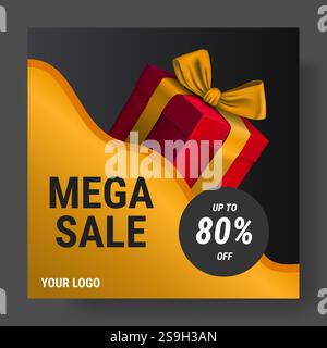 Banner di vendita. Confezione regalo isolata realistica. Modello di offerta speciale per gli acquisti scontati, post per i social media. Cashback o bonus. pubblicità promozionale di marketing Illustrazione Vettoriale