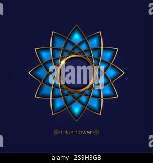 Fiore di loto dorato, mandala blu con geometria sacra, ornamento circolare stilizzato, linea oro, logo floreale. Fiori simbolo di yoga, spa, bellezza Illustrazione Vettoriale