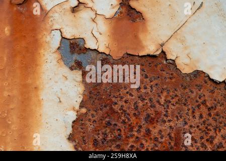 Ruggine e vernice vecchia e cadente sulla struttura del ponte di ferro. Struttura danneggiata. Foto Stock