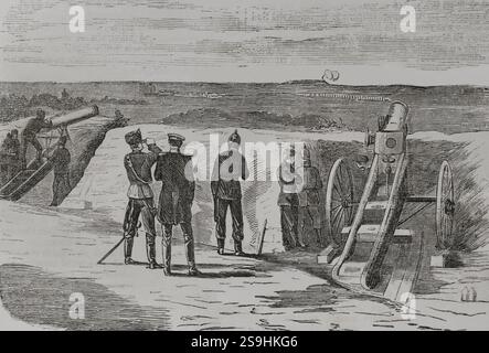 Guerra franco-prussiana (1870-1871). Assedio di Metz (dal 19 agosto al 27 ottobre 1870). Batteria di artiglieria prussiana. Incisione. Historia de la Guerra de Francia y Prusia (storia della guerra tra Francia e Prussia). Volume I. pubblicato a Barcellona, 1870. Foto Stock