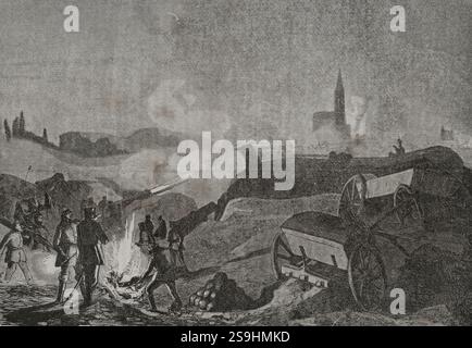 Guerra franco-prussiana (1870-1871). Assedio di Strasburgo (15 agosto-28 settembre 1870). Bombardamento di Strasburgo da parte dei prussiani. Incisione. Historia de la Guerra de Francia y Prusia (storia della guerra tra Francia e Prussia). Volume I. pubblicato a Barcellona, 1870. Foto Stock