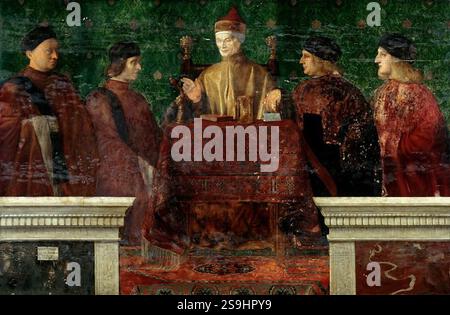Il doge Leonardo Loredan con i quattro figli, anch'esso Ritratto della famiglia Loredano, è un grande dipinto a tempera su pioppo del maestro rinascimentale italiano Giovanni Bellini raffigurante la nobile famiglia Loredan di Venezia, cioè Leonardo Loredan, Doge di Venezia e i suoi quattro figli, Lorenzo, Girolamo, Alvise e Bernardo. Foto Stock