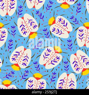 Elegante motivo minimalista con insetti bianchi e gialli con elementi floreali, completati da fogliame su sfondo blu. Perfetto per tessuti, sfondi e progetti creativi ispirati alla natura. Illustrazione vettoriale Illustrazione Vettoriale