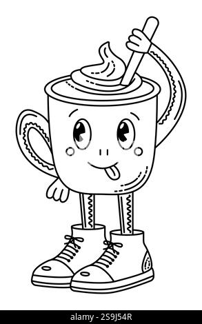 Personaggio della tazza da caffè, scarabocchio vettoriale della linea nera, animaletto giocoso e alla moda in scarpe grandi. Scuotete la mente, preparatevi al cambiamento. Illustrazioni Illustrazione Vettoriale