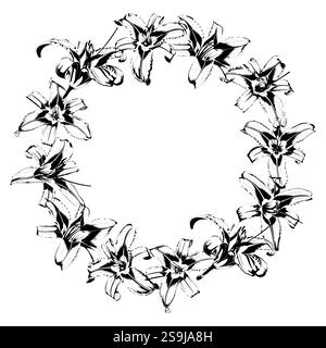 Ghirlanda di gigli in nero su sfondo bianco Illustrazione Vettoriale
