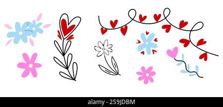 Elementi di San Valentino fiori romantica illustrazione vettoriale per adesivi biglietti d'auguri. Illustrazione Vettoriale