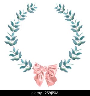 Montatura semicircolare floreale con fiocco in raso e foglie verdi di eucalipto. Illustrazione botanica ad acquerello disegnata a mano su sfondo isolato. Foto Stock
