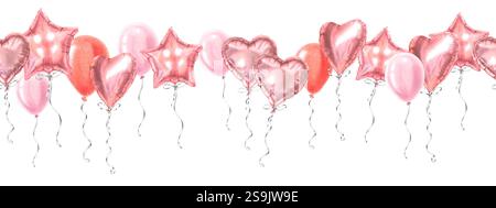 Bordo senza cuciture di palloncini rosa. Illustrazione ad acquerello disegnata a mano di decorazioni per feste su sfondo isolato. Banner per sito Web, cartoline Foto Stock