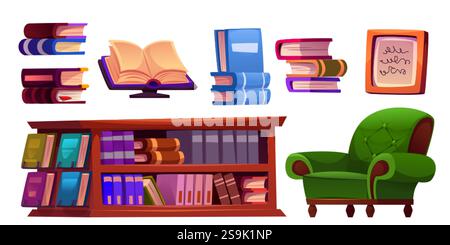 Mobili da biblioteca isolati su sfondo bianco. Illustrazione vettoriale di vecchi libri di carta, pile di letteratura e libri di testo su scaffale di legno, Illustrazione Vettoriale