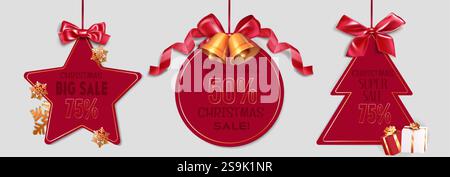 Collezione di etichette natalizie rosse con eleganti fiocchi in raso dorato, campane dorate metallizzate, fiocchi di neve decorativi e confezioni regalo confezionate. Festivo stagionale di Illustrazione Vettoriale