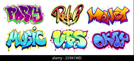 Parole d'arte per graffiti isolate su bianco. Illustrazione di cartoni animati vettoriali di feste, rock, soldi, musica, atmosfera, ok testo luminoso a colori neon scritto su surfa Illustrazione Vettoriale