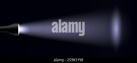 Illuminazione del fascio di torce isolata su sfondo trasparente. Illustrazione vettoriale realistica del fascio di luce manuale che brilla al buio, elettrico Illustrazione Vettoriale