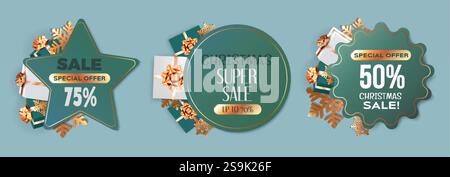 Cartellini natalizi con fiocchi di neve dorati, regali avvolti, fiocchi decorativi su sfondi verdi. Prezzo natalizio scontato sulle etichette che offrono un disco speciale Illustrazione Vettoriale
