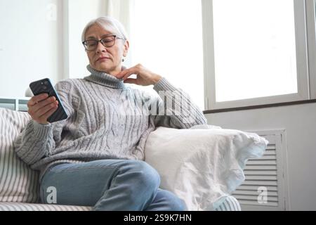 Donna anziana che ordina generi alimentari online utilizzando il suo smartphone Foto Stock