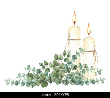 Candele bruciate con eucalipto pianta dollaro d'argento rami verdi religiosi acquerello disposizione disegnata a mano per la prima comunione, Pasqua, battesimo Foto Stock