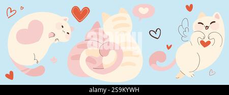Gatti e cuori carini su sfondo azzurro. Illustrazione vettoriale di animali domestici in stile kawaii che sorridono, abbracciano, mostrano il segno d'amore, motivo senza cuciture per il banner di San Valentino, biglietto per le vacanze Illustrazione Vettoriale