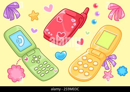 Telefoni cellulari Y2K retro impostati su sfondo giallo - dispositivo rosso chiuso, telefono verde, gadget arancione con pulsanti. Dispositivi elettronici nostalgici decorati con cuori pastello, archi e fiori. Illustrazione Vettoriale