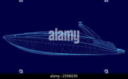 L'imbarcazione blu viene visualizzata in un'immagine computerizzata. La barca è mostrata in modo molto dettagliato e realistico. Concetto di eccitazione e avventura Illustrazione Vettoriale