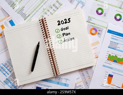 Notebook con elenco di controllo degli obiettivi, dei piani e delle azioni 2025, inserito in vari rapporti e grafici aziendali, che enfatizza la pianificazione strategica e i progressi compiuti Foto Stock