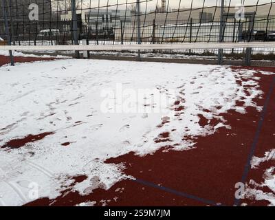 Campo da pallacanestro all'aperto nella camera dei comuni d'inverno con alberi innevati. Foto di alta qualità Foto Stock