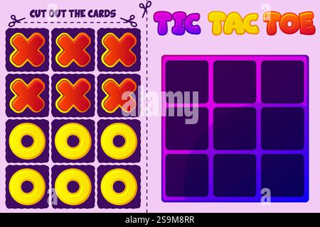 Gioco da tavolo TIC TAC TOE . Gioco di strategia a cartoni animati vettoriali noughts e croci. Gioco di logica da tavolo, ritagliare le carte e giocare Illustrazione Vettoriale